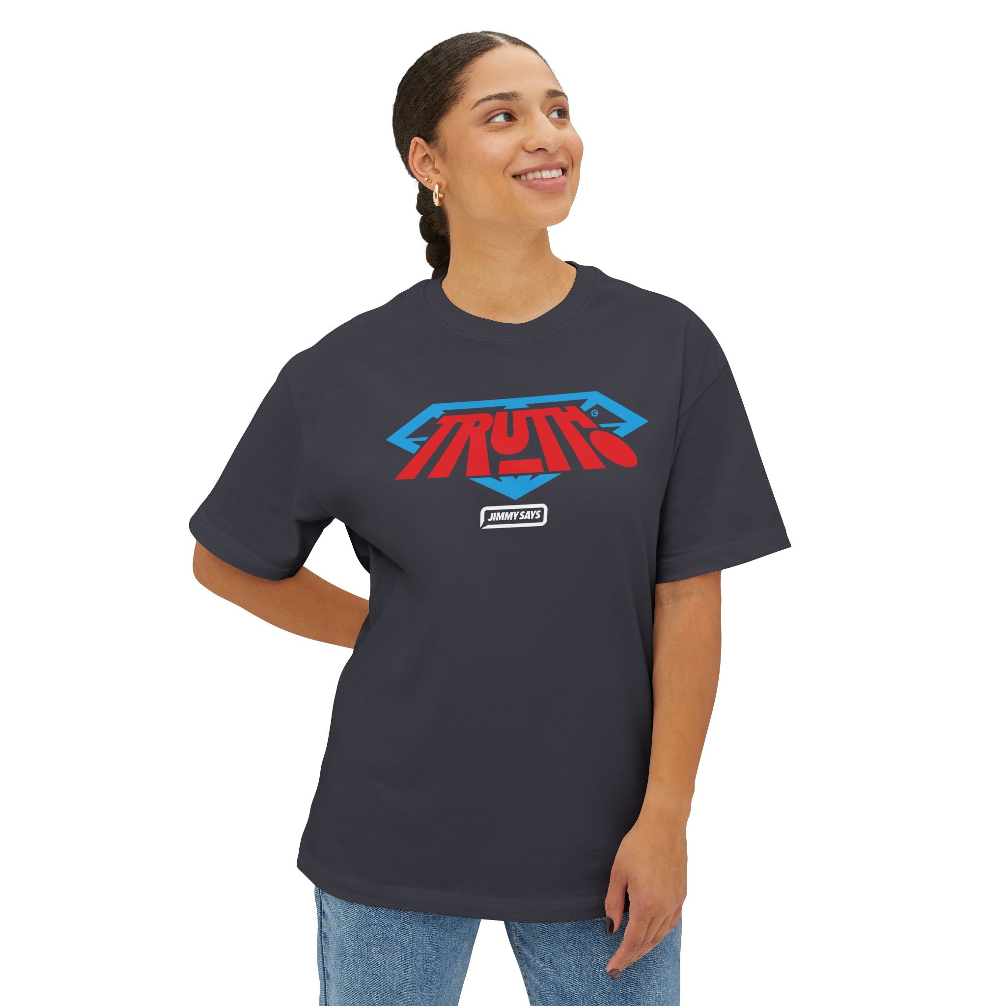 Truth Graphic Tee — Retro Red & Blue Logo Oversized Boxy T‑Shirt