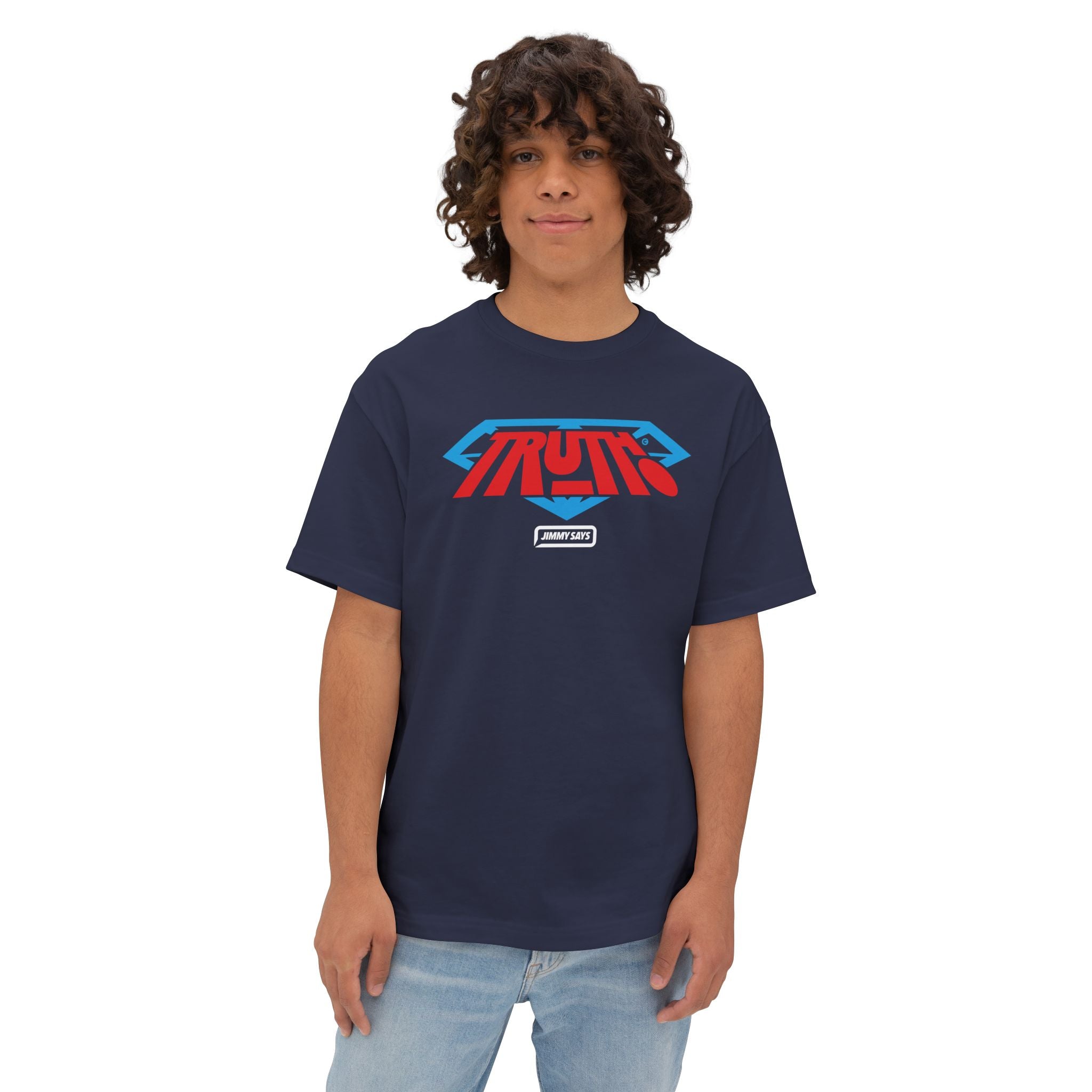 Truth Graphic Tee — Retro Red & Blue Logo Oversized Boxy T‑Shirt
