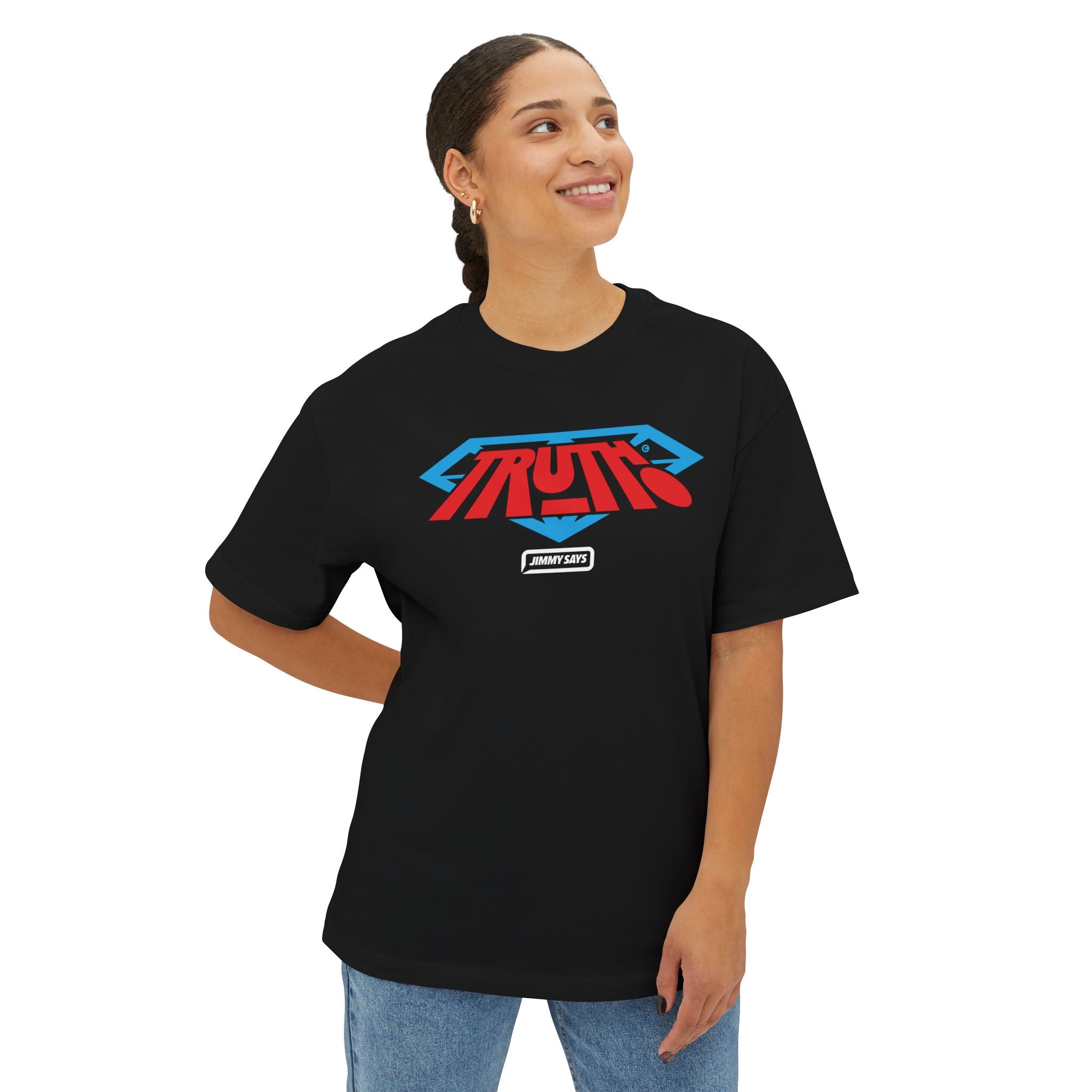 Truth Graphic Tee — Retro Red & Blue Logo Oversized Boxy T‑Shirt