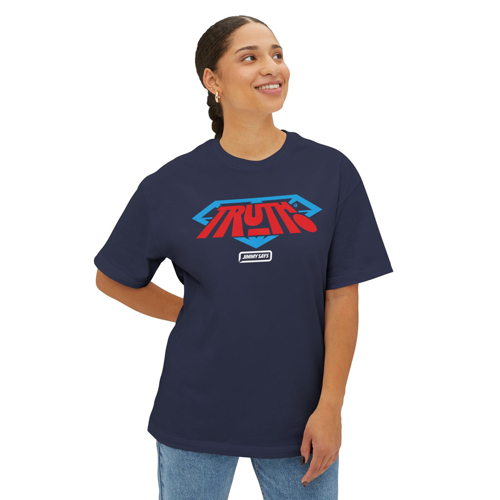 Truth Graphic Tee — Retro Red & Blue Logo Oversized Boxy T‑Shirt