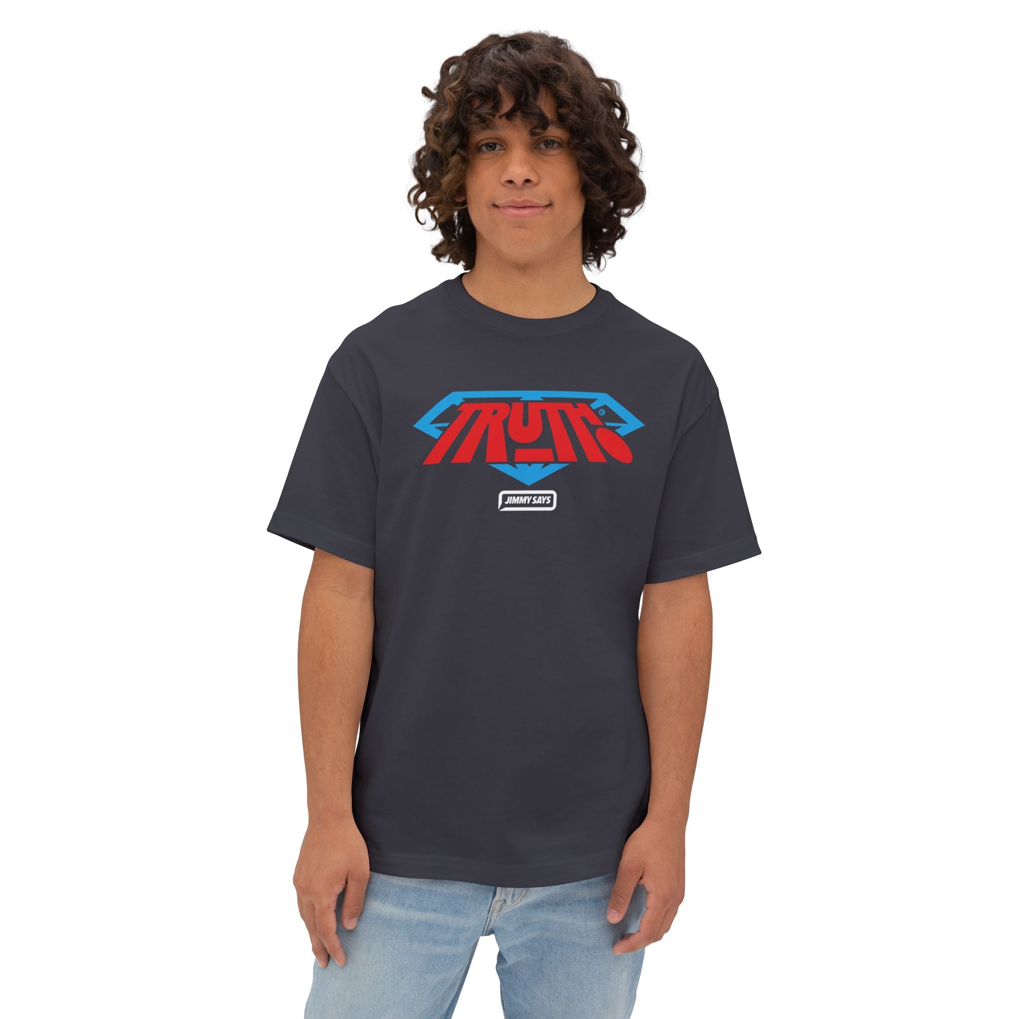 Truth Graphic Tee — Retro Red & Blue Logo Oversized Boxy T‑Shirt