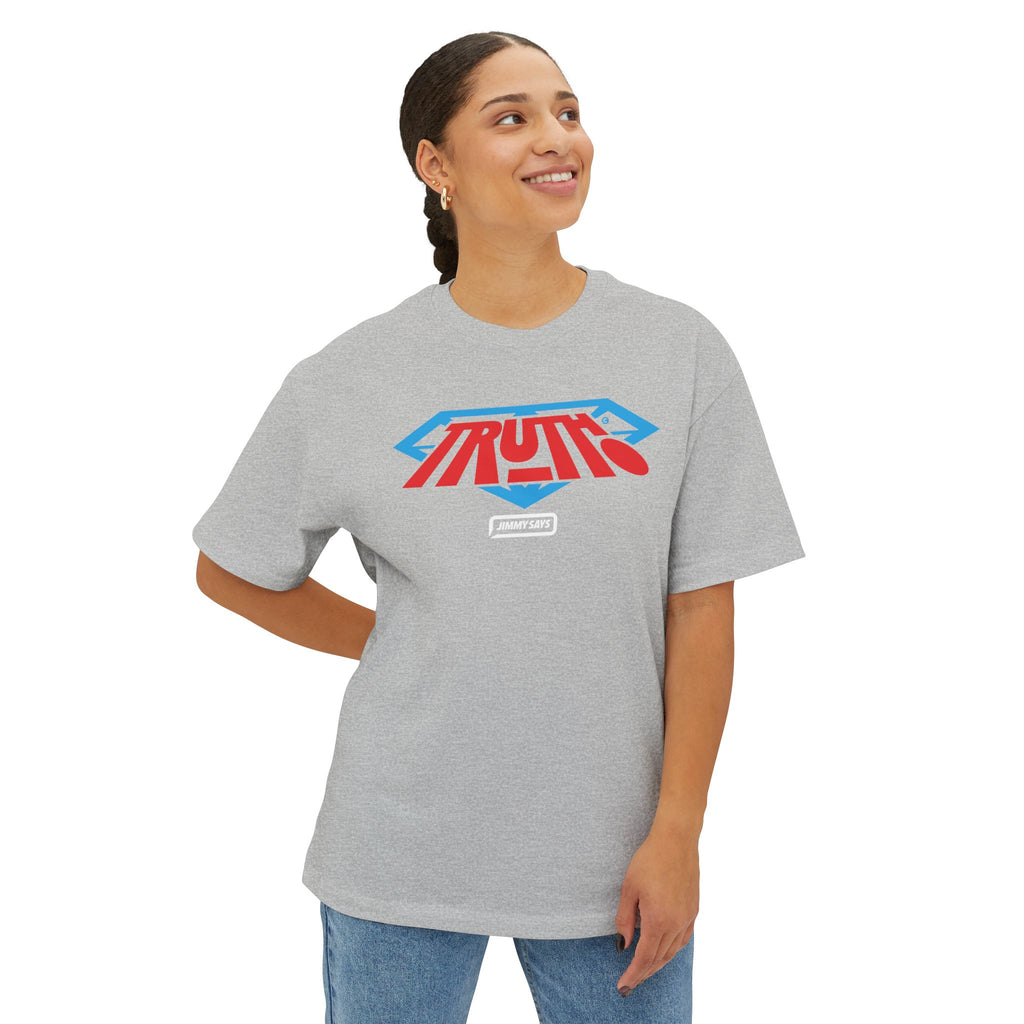 Truth Graphic Tee — Retro Red & Blue Logo Oversized Boxy T‑Shirt