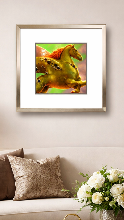 Framed artwork of a horse on a wall above a sofa with decorative pillows and a vase of flowers.